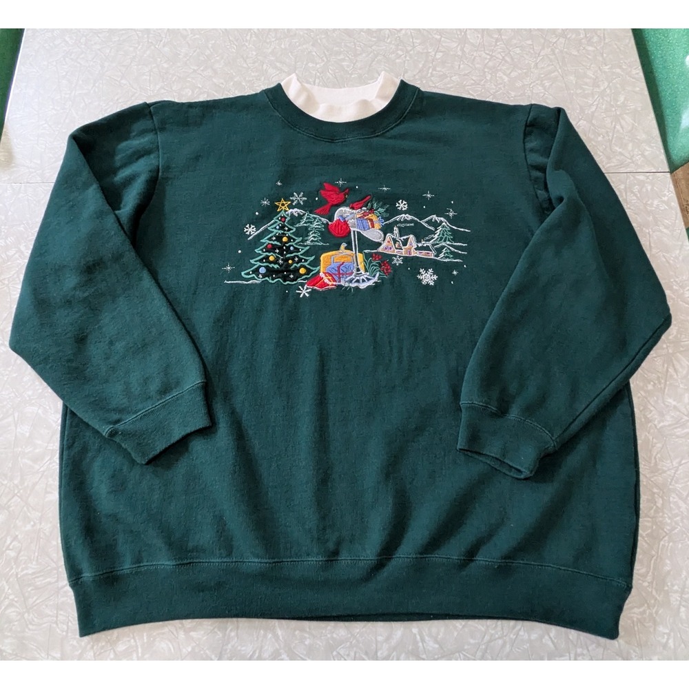 Bobbie Brooks Vintage Green Christmas Embroidered Sweatshirt Mock Neck Womens L